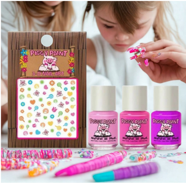 Piggy Paint Mini Nail Art Set – Non-Toxic Kids Nail Polish Kit with 3D Stickers & Fun Colors